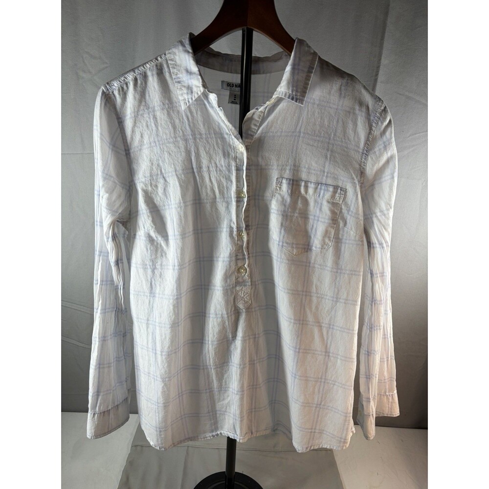 Old Navy Shirt Womens Medium White Blue Plaid Long Sleeve Henley Lightweight
